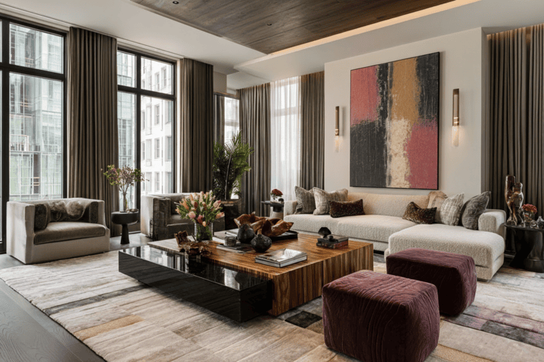 Luxury NYC loft living room with neutral tones and warm natural light