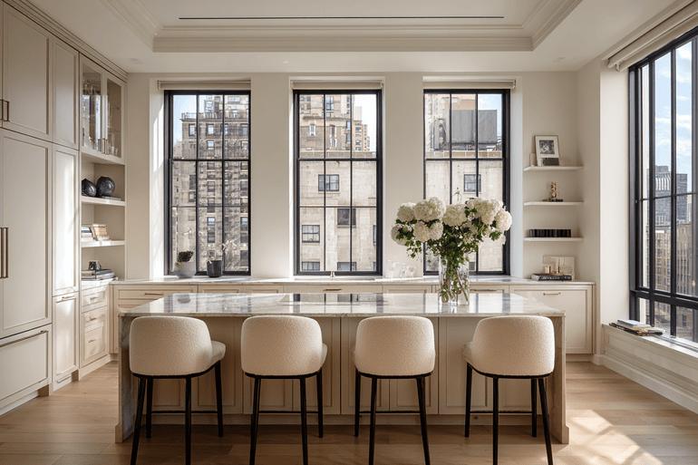 Luxury NYC loft kitchen with white oak cabinetry, marble island, brass pendants, and sage-green ceramic accents