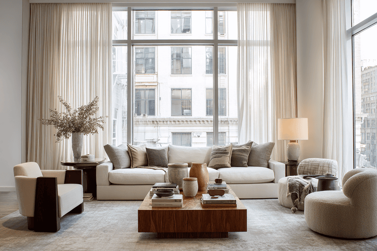 Calm, finished NYC loft living room in neutral tones with a single emerald accent pillow