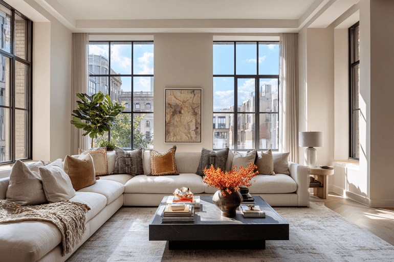 Luxury NYC loft living room with bouclé sofa and organic decor accents, editorial interior design photography