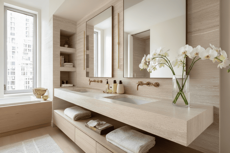 High-end NYC bathroom renovation with marble finishes and brass fixtures in a luxury loft aesthetic