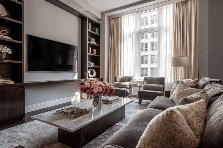 Luxury NYC loft living room with curved bouclé sofa and emerald accent chair, natural light through industrial windows.