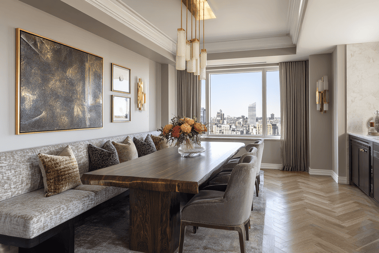 Completed dining room renovation in a NYC luxury apartment, showcasing custom cabinetry and organic textures