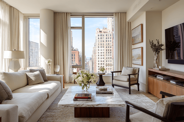 Luxury NYC loft living room with organic modern design, neutral palette, and city skyline views