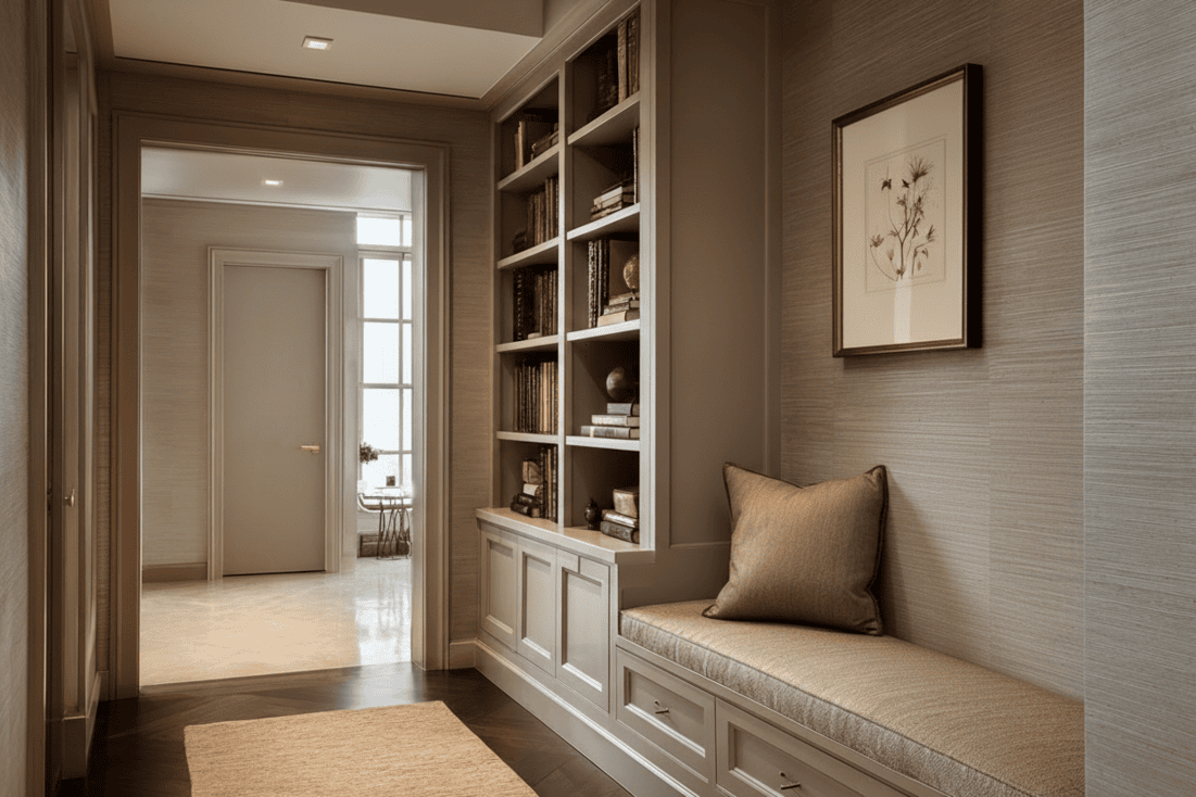 Luxury NYC apartment interior blending historic architecture with modern luxury furnishings