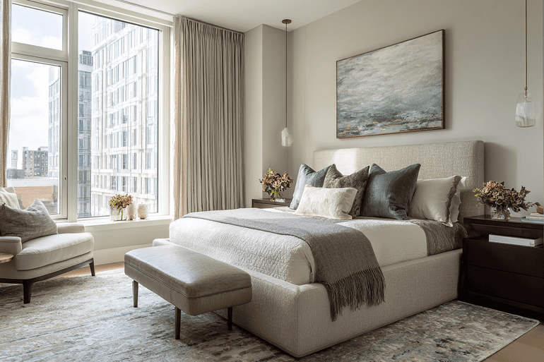 Serene luxury primary bedroom with boucle upholstery, plaster walls, and organic accents in a New York City residence