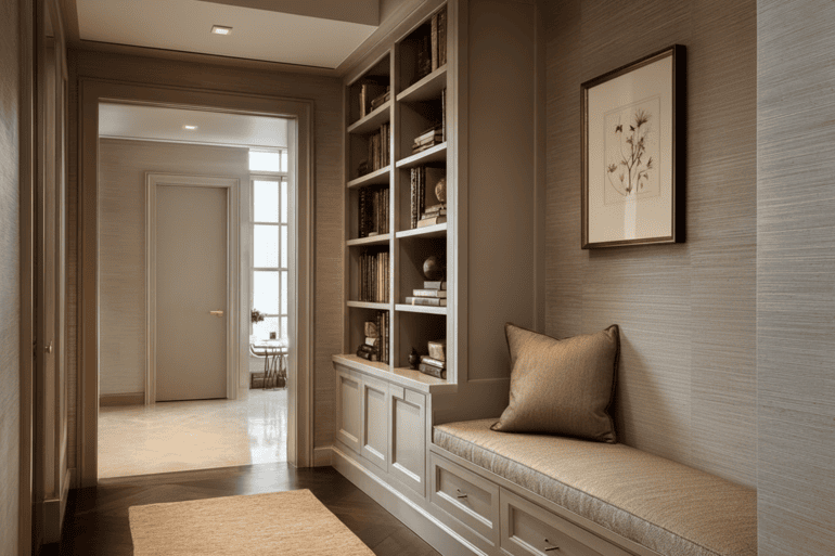 Upscale NYC entryway with walnut console, organic mirror, and mustard ceramic accent bowl.