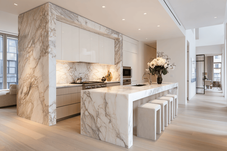 Prewar NYC kitchen mid-renovation showing original brick exposed alongside new custom cabinetry installation