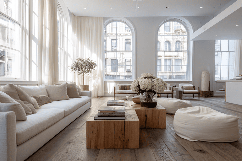 Sunlit NYC loft living room with curved boucle sofa and organic modern furnishings