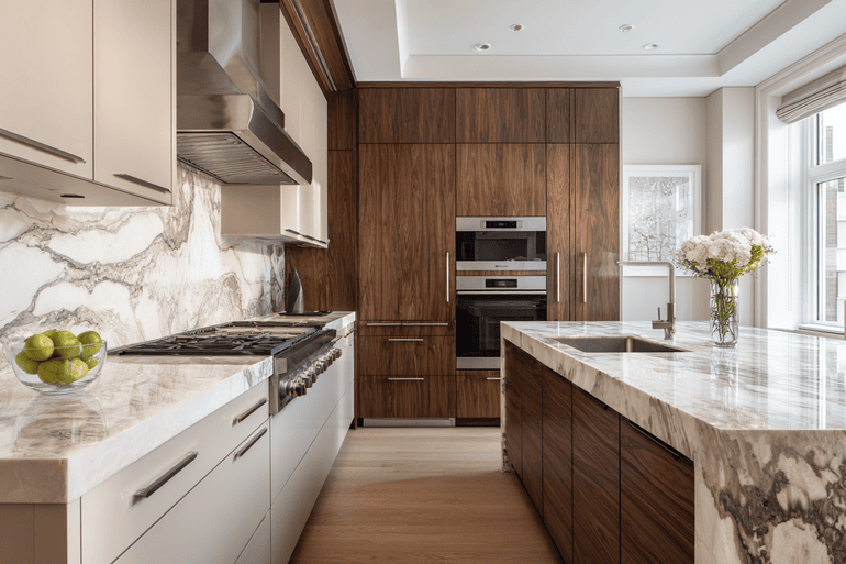 NYC loft kitchen renovation showing exposed original wall construction beside finished marble and white oak cabinetry