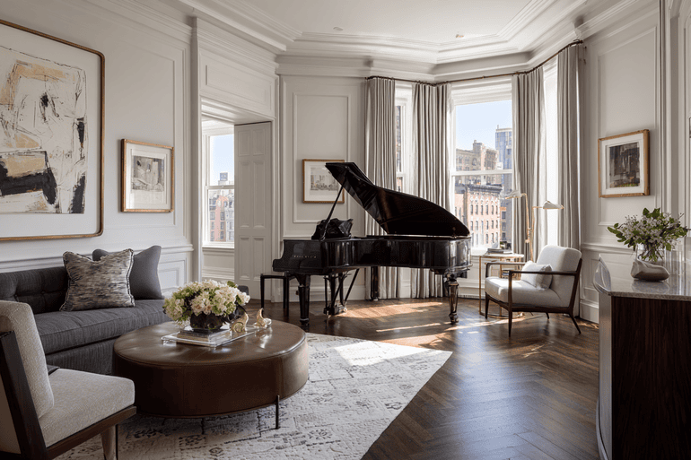 Designer and homeowner reviewing a curated material presentation board in a sunlit NYC loft living room