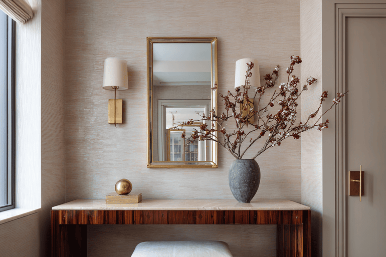 NYC loft entryway with walnut console, organic brass mirror, exposed brick, and terracotta art accent