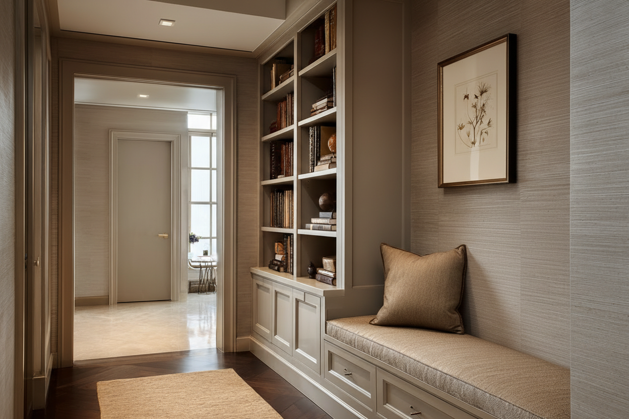 Luxury NYC entryway with custom console table and abstract art in a modern loft apartment