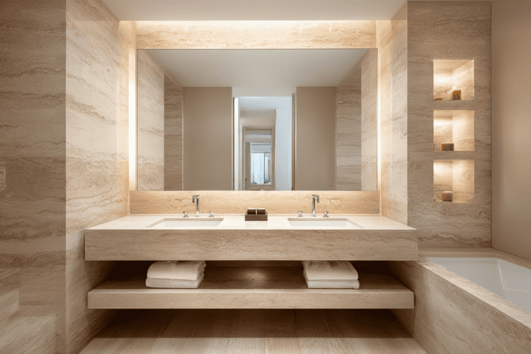 Custom vanity and imported stone installation in a high-end NYC bathroom renovation