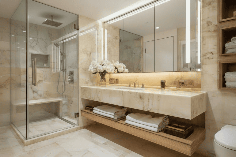 Upscale NYC bathroom with freestanding soaking tub, greige stone tile, and organic teak details showcasing luxury full-service interior design.