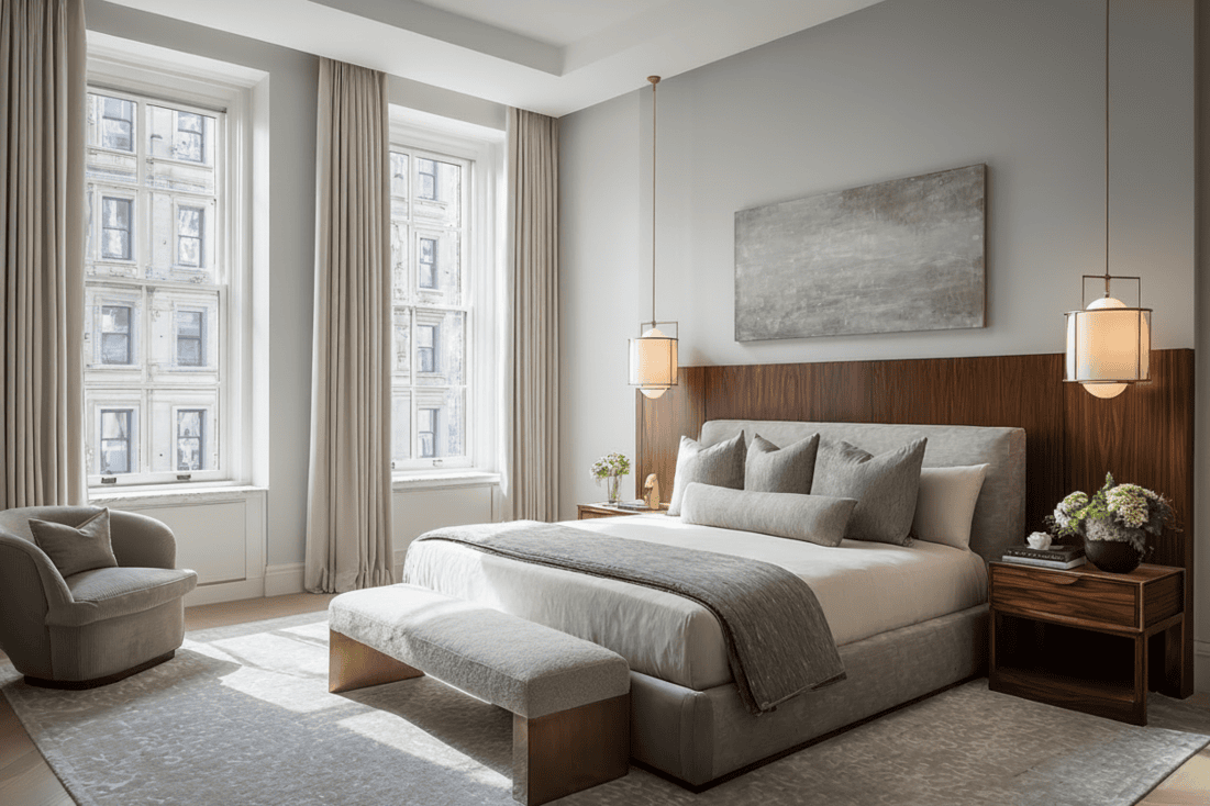 Luxury primary bedroom in a Manhattan loft with linen drapery, oak platform bed, and organic terracotta accents designed by a full-service interior design firm.