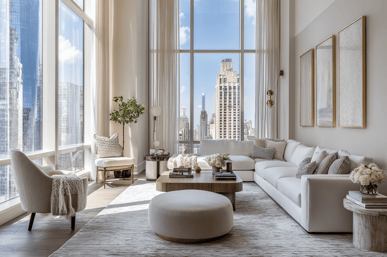 Luxury NYC loft living room with neutral tones and a warm color accent, representing full-service interior design