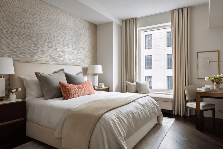 Serene luxury bedroom with organic wood furniture and warm neutral tones in an NYC interior design project