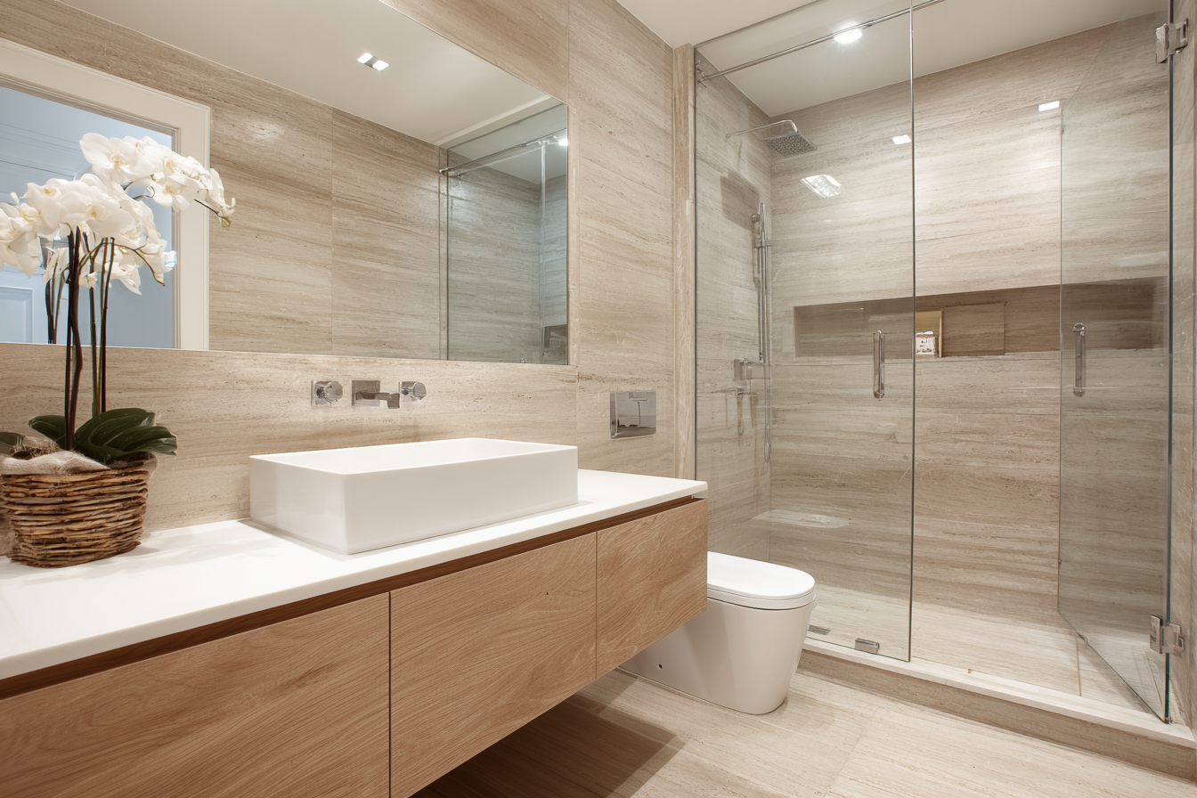 Luxury NYC primary bathroom with organic stone and warm wood finishes reflecting cohesive full-service design