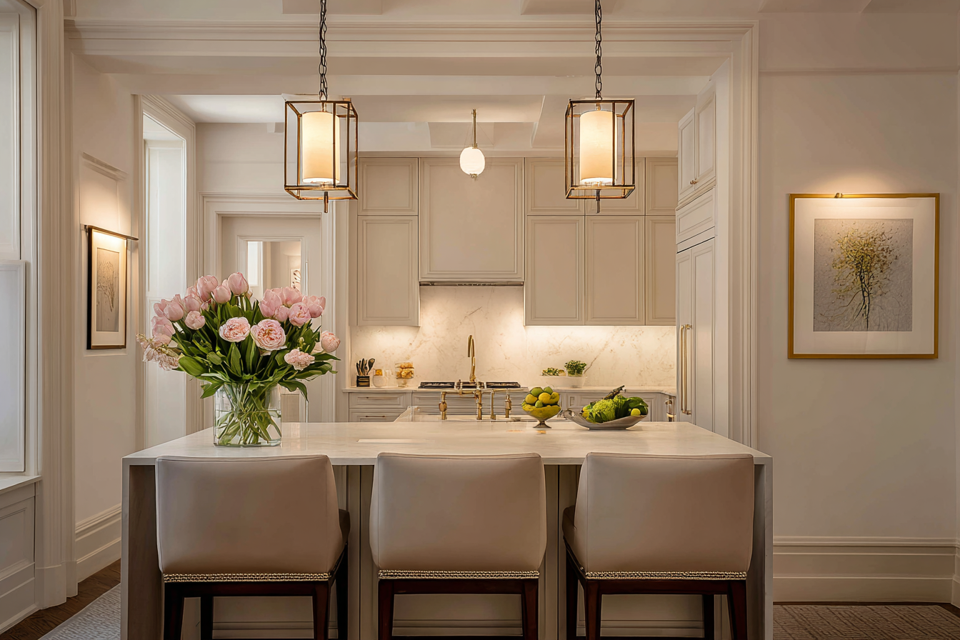 Elegant NYC dining room with sculptural furniture and organic textures, reflecting the seamless coordination of a full-service design process