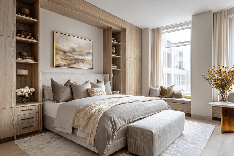 Luxury NYC loft primary bedroom with linen canopy bed, blackened steel nightstands, and layered neutral textiles designed by a high-end interior designer in New York City