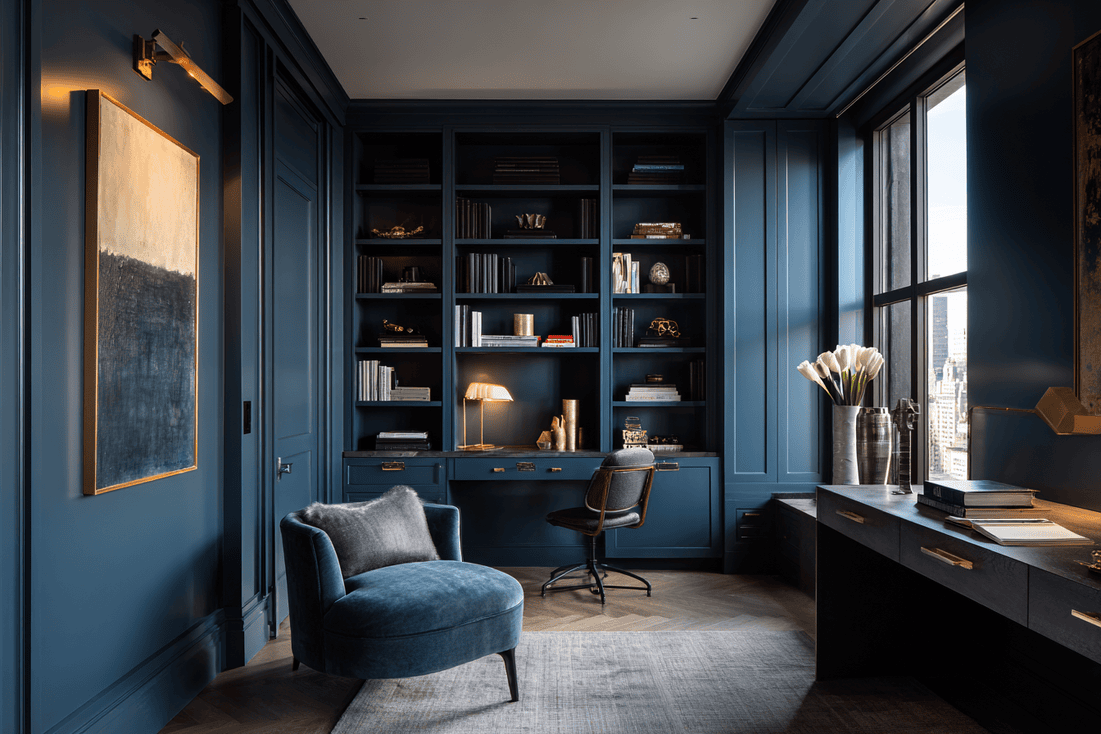 High-end NYC interior design — modern organic home office with warm oak tones and brass hardware