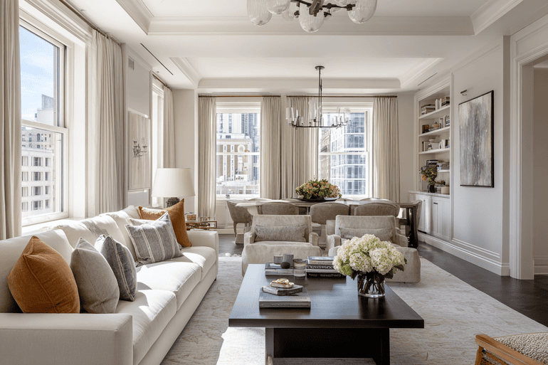Open-plan loft living and dining room in a luxury NYC home with custom furniture and floor-to-ceiling windows