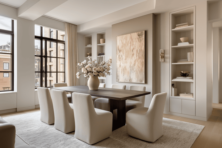 Elegant New York City dining room with fluted plaster table, cognac leather chairs, and smoked oak sideboard in a luxury loft