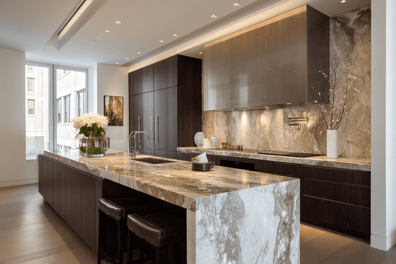High-end NYC loft kitchen with walnut cabinetry and marble island, luxury interior design photography
