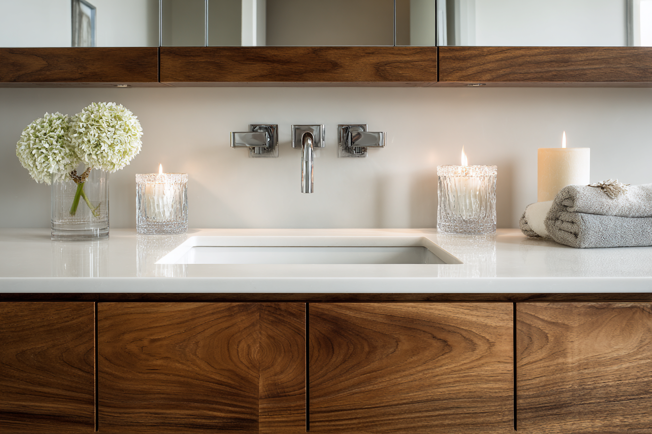 Luxury NYC primary bathroom with organic stone and warm wood finishes reflecting cohesive full-service design