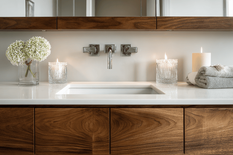 Luxury NYC primary bathroom with freestanding soaking tub and walnut vanity with brass fixtures.