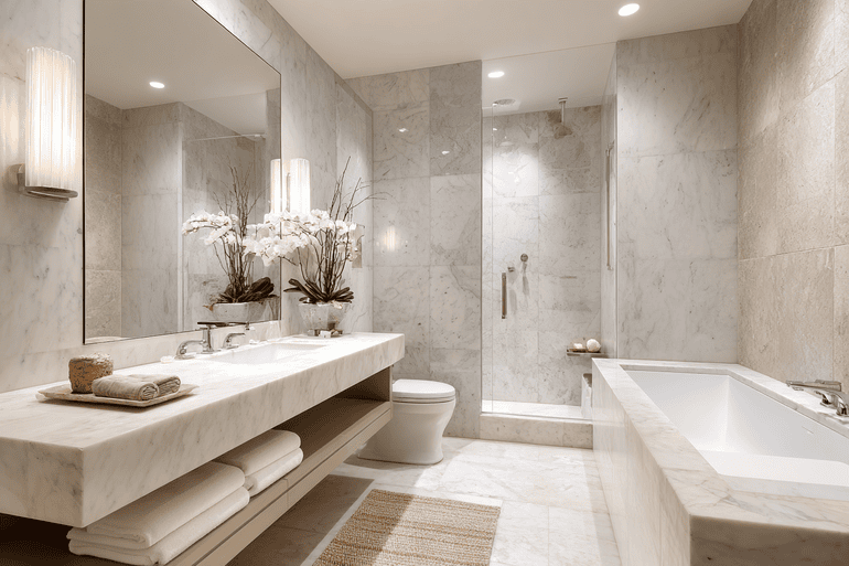 Luxury NYC loft primary bathroom with freestanding tub, limestone tile, brass fixtures, and dusty blue towel accent