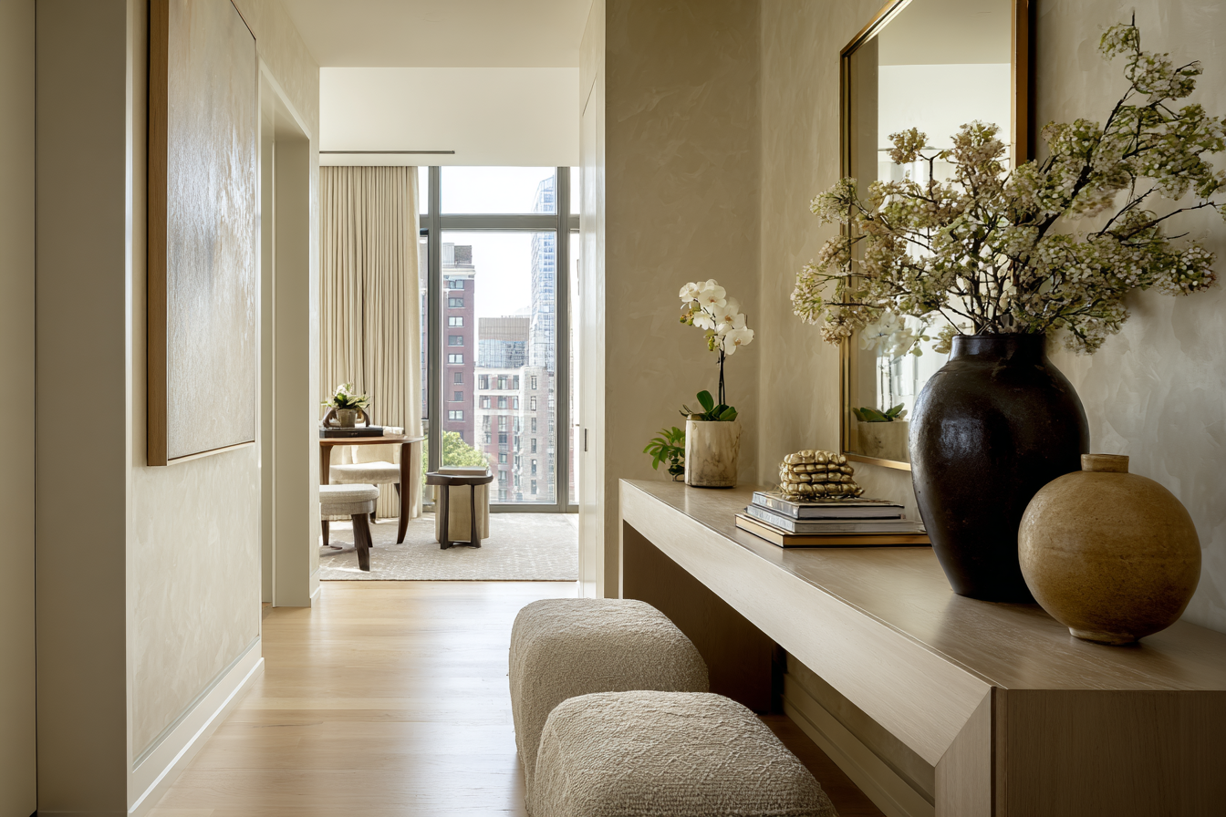 Restored entryway hardware in an inherited NYC apartment showing preserved architectural details