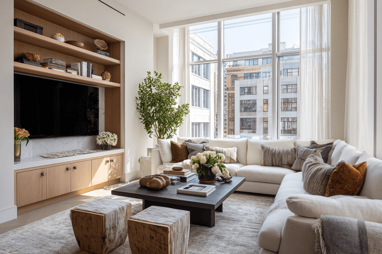 Luxury NYC living room with oak cabinetry, and unlacquered brass fixtures during the pre-construction and procurement phase of a high-end interior design project.