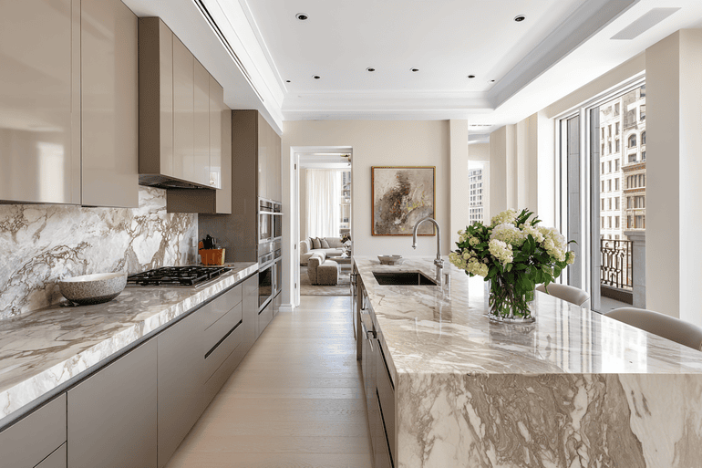 Modern luxury kitchen with natural stone and warm wood accents in an NYC residential design project