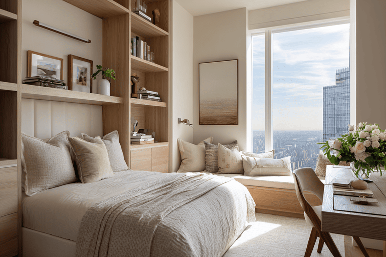 Upscale NYC loft bedroom with custom upholstered bed and organic wood nightstands, editorial interior design photography