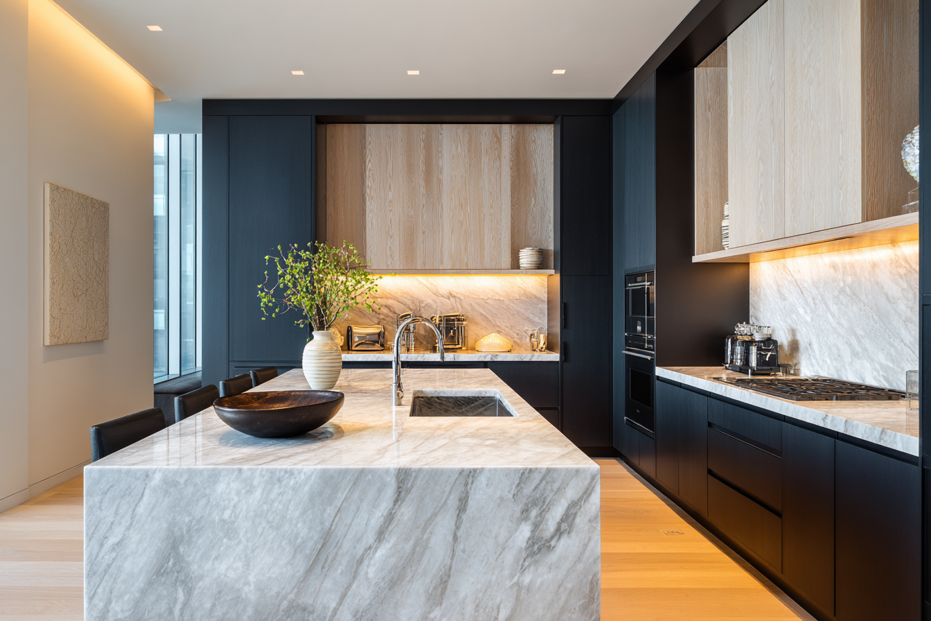 High-end NYC kitchen with honed stone counters, walnut cabinetry, and woven pendant lighting