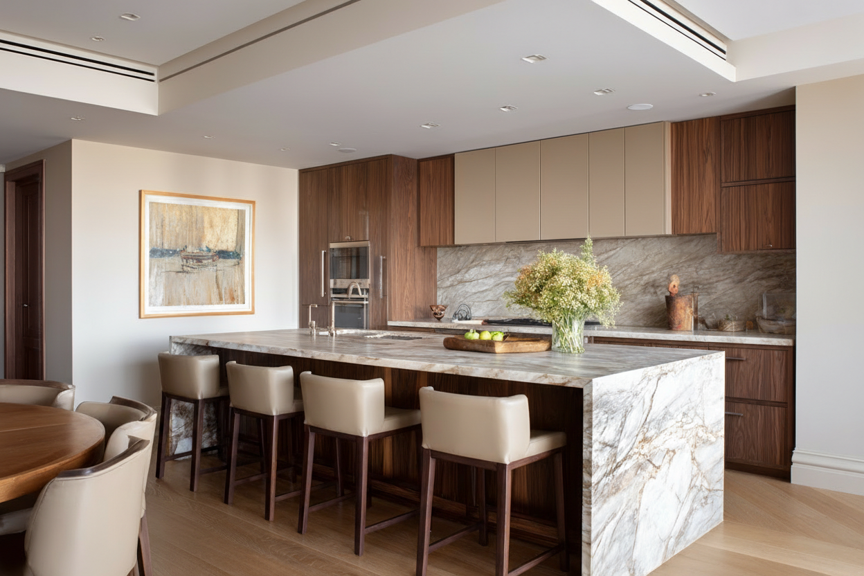 High-end NYC kitchen with honed stone counters, walnut cabinetry, and woven pendant lighting