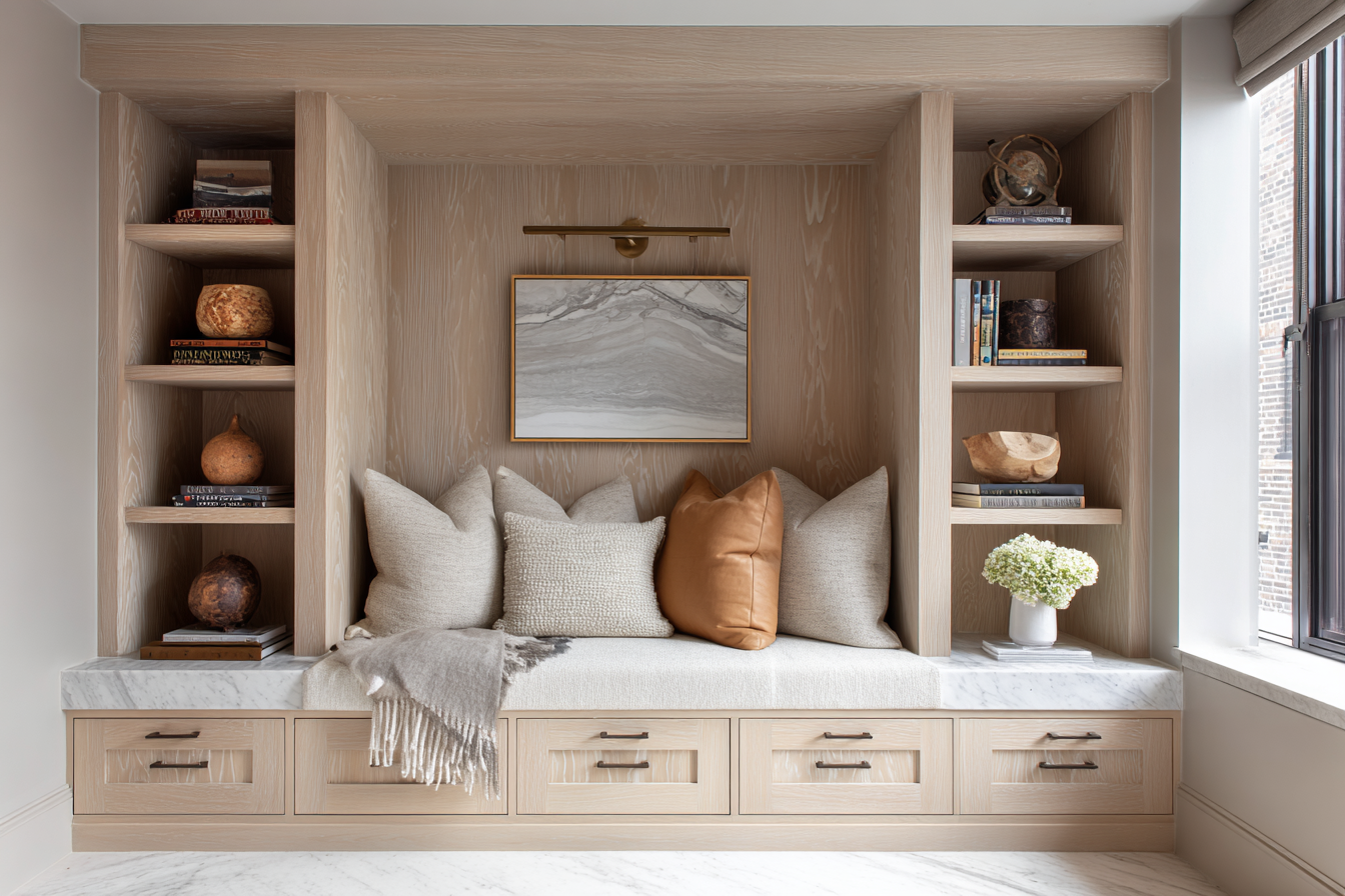 Luxury NYC home office with walnut desk, brass hardware, and skyline view.