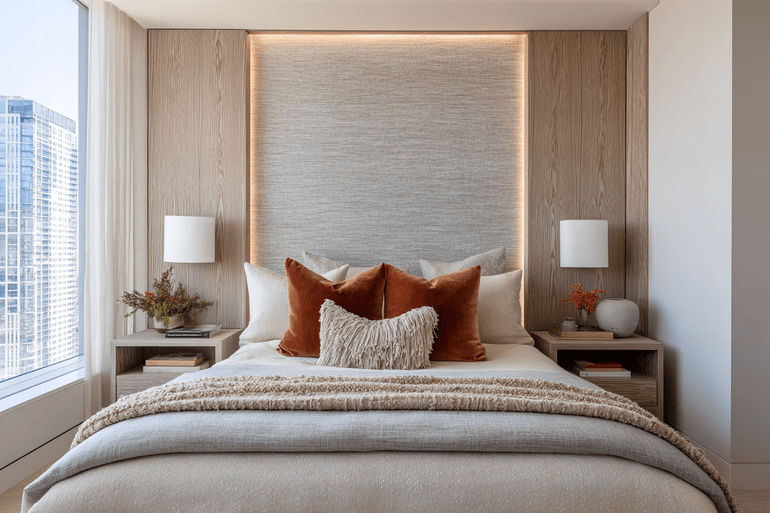 Finished NYC loft primary bedroom showing the realized result of a clear, well-paced design process.