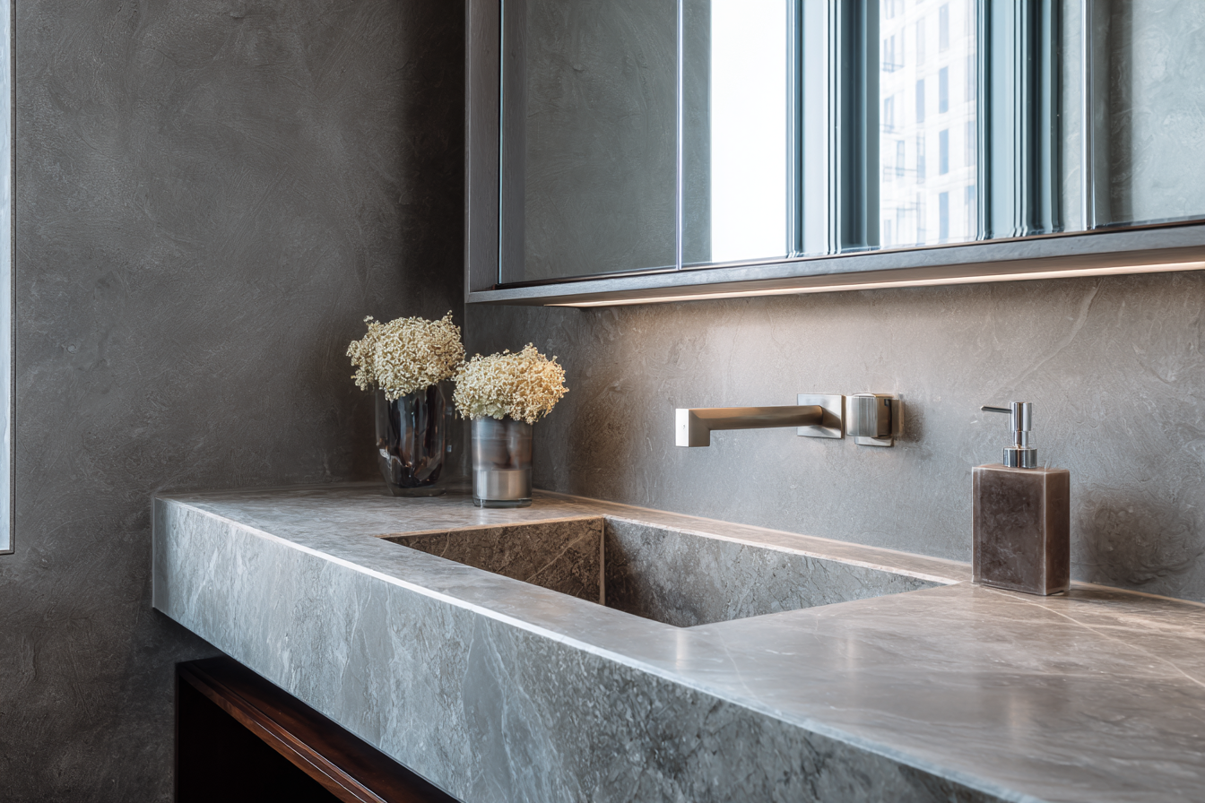 High-end Manhattan bathroom renovation with marble walls and brass fixtures