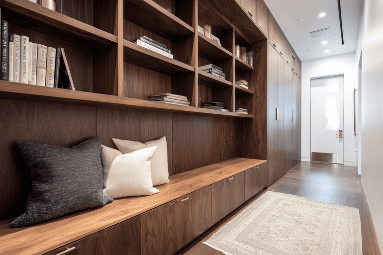 Luxury NYC home office with walnut desk, boucle lounge chair, and brass task lighting