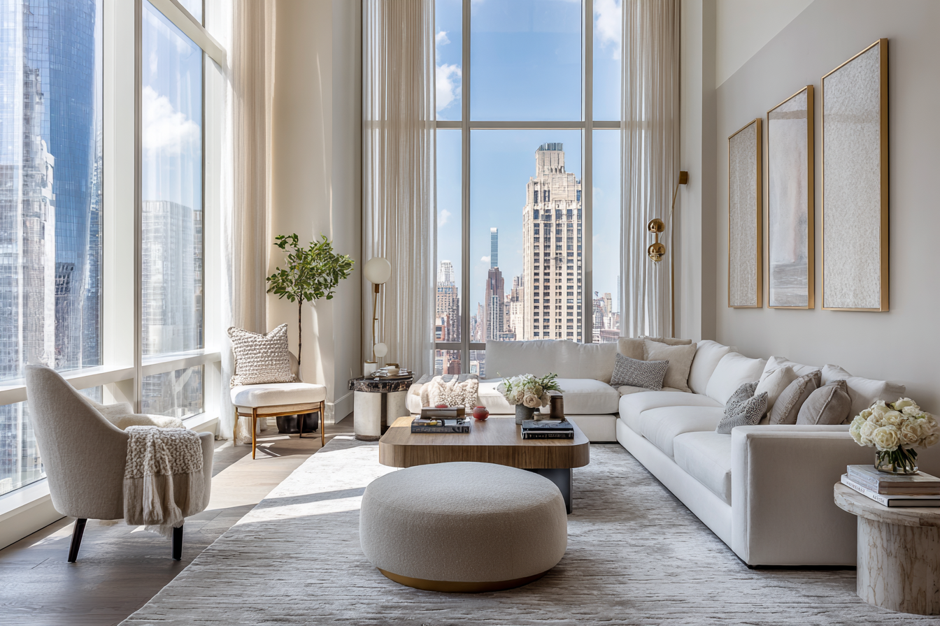 Luxury NYC loft living room with flexible open layout designed for long-term family living