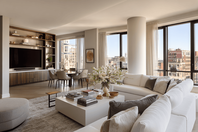 Luxury NYC loft living room with pre-war architectural details and modern organic furniture, representing full-service interior design