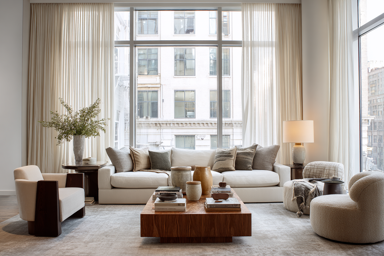 Prewar NYC living room blending original moldings with modern luxury furnishings during a full-service renovation