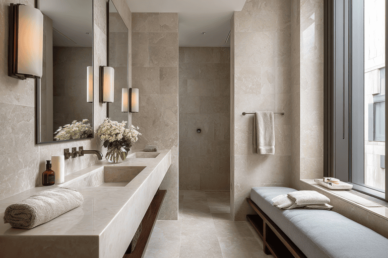 Spa-inspired luxury bathroom in NYC with book-matched marble, freestanding tub, and organic accents