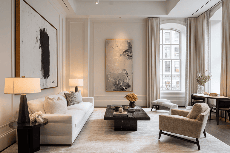 Designer and homeowner reviewing a curated material presentation board in a sunlit NYC loft living room