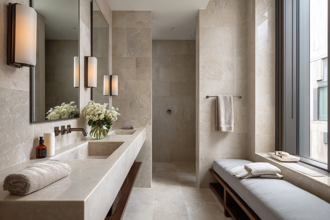 Serene high-end Manhattan bathroom renovation with marble walls and brass fixtures