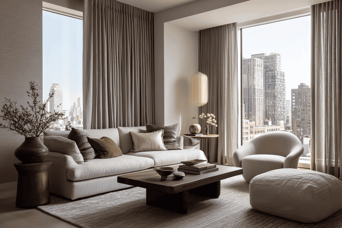 Luxury living room with layered lighting highlighting textures and architectural features