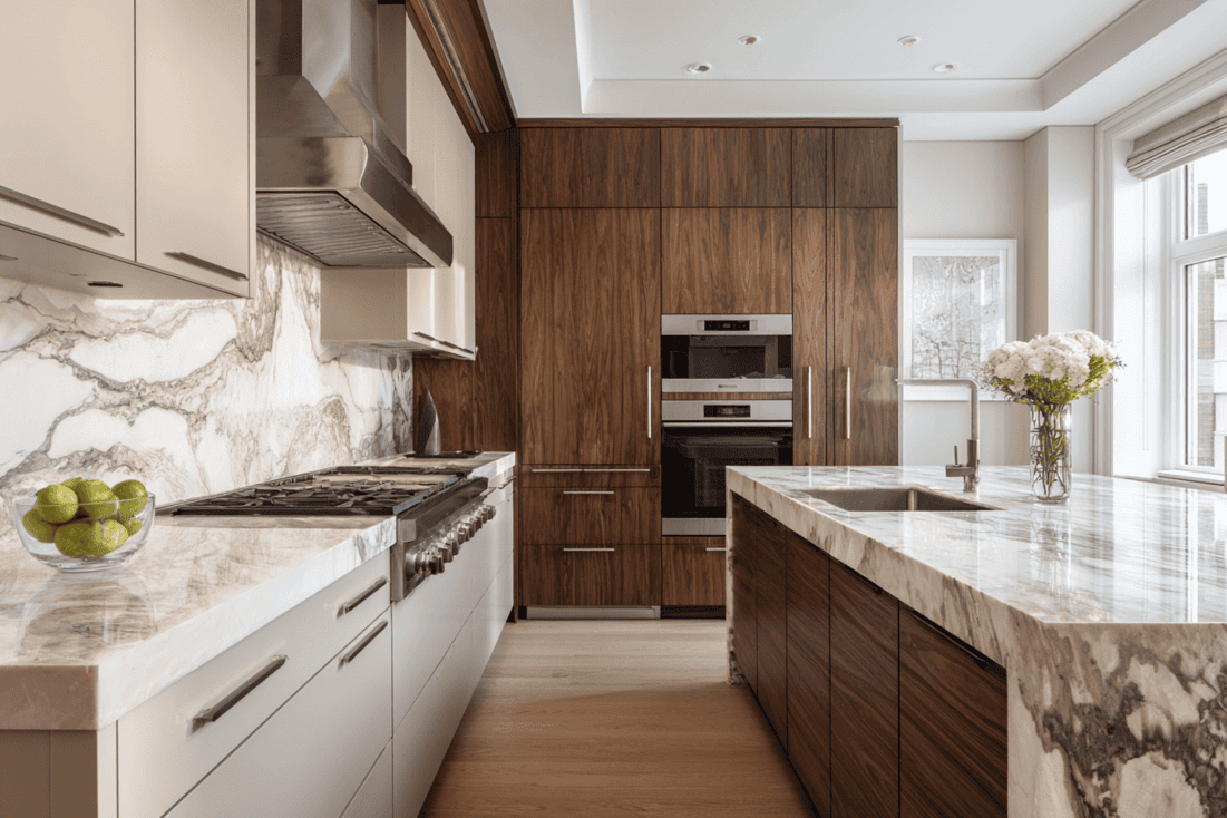 Modern NYC loft kitchen with stone countertops and warm wood cabinetry
